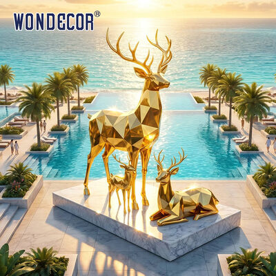 Large Gold‑Plated Stainless Steel Geometric Faceted Deer Family Sculpture for Shopping Mall Festival Outdoor Landscape